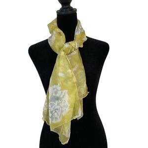 Vintage 100% Silk Scarf Yellow Grey White Floral  48 x 19‎ Sheer Classic